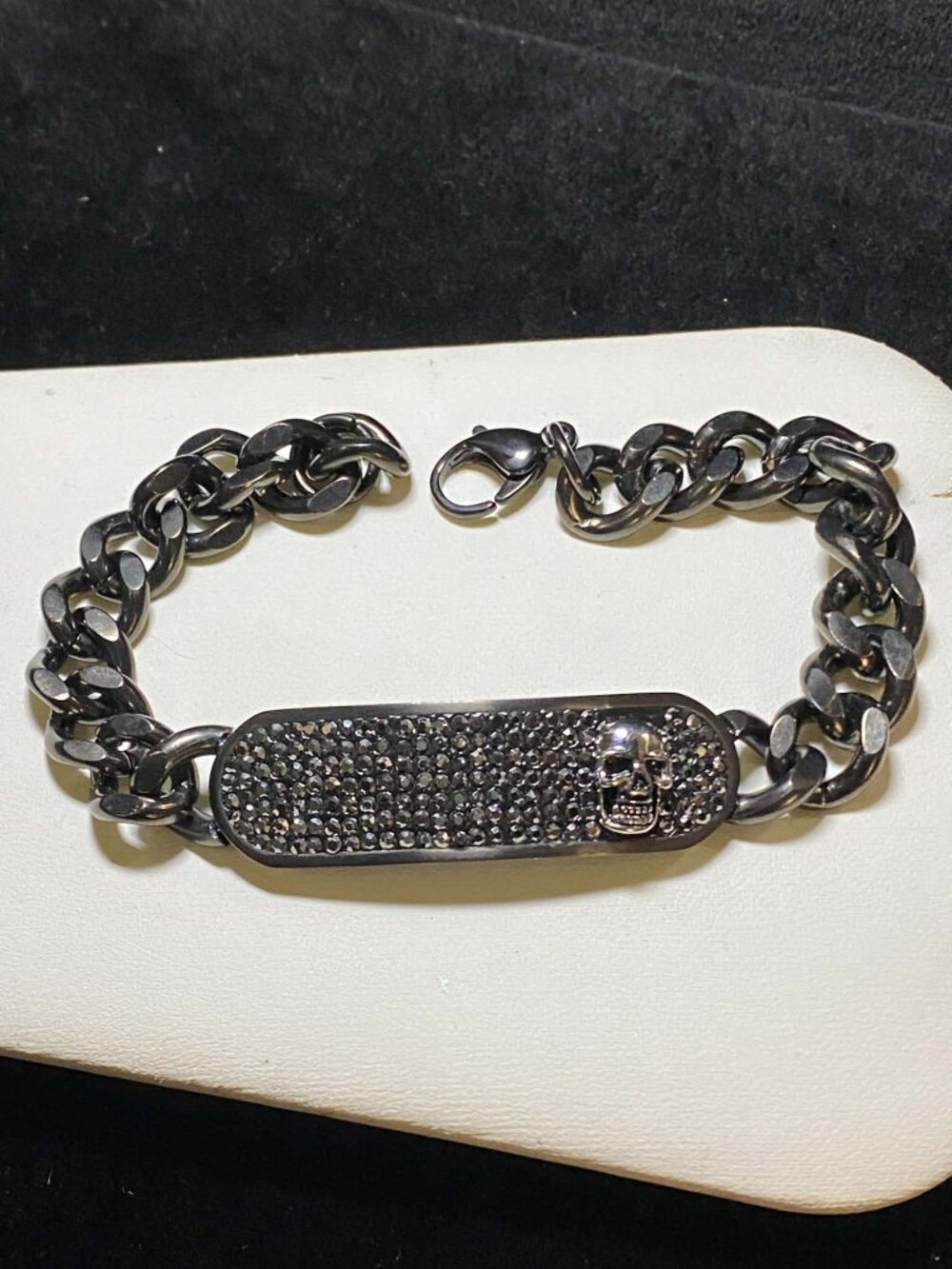 Stainless Steel Gunmetal Link Skull ID Bracelet Encrusted Black Crystals Unisex